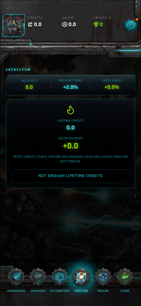 Cataclysm prestige screen showing Valor held, per-point speed bonus and lifetime credits