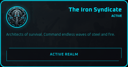 The Iron Syndicate realm card — active realm emblem with a mechanical skull crest
